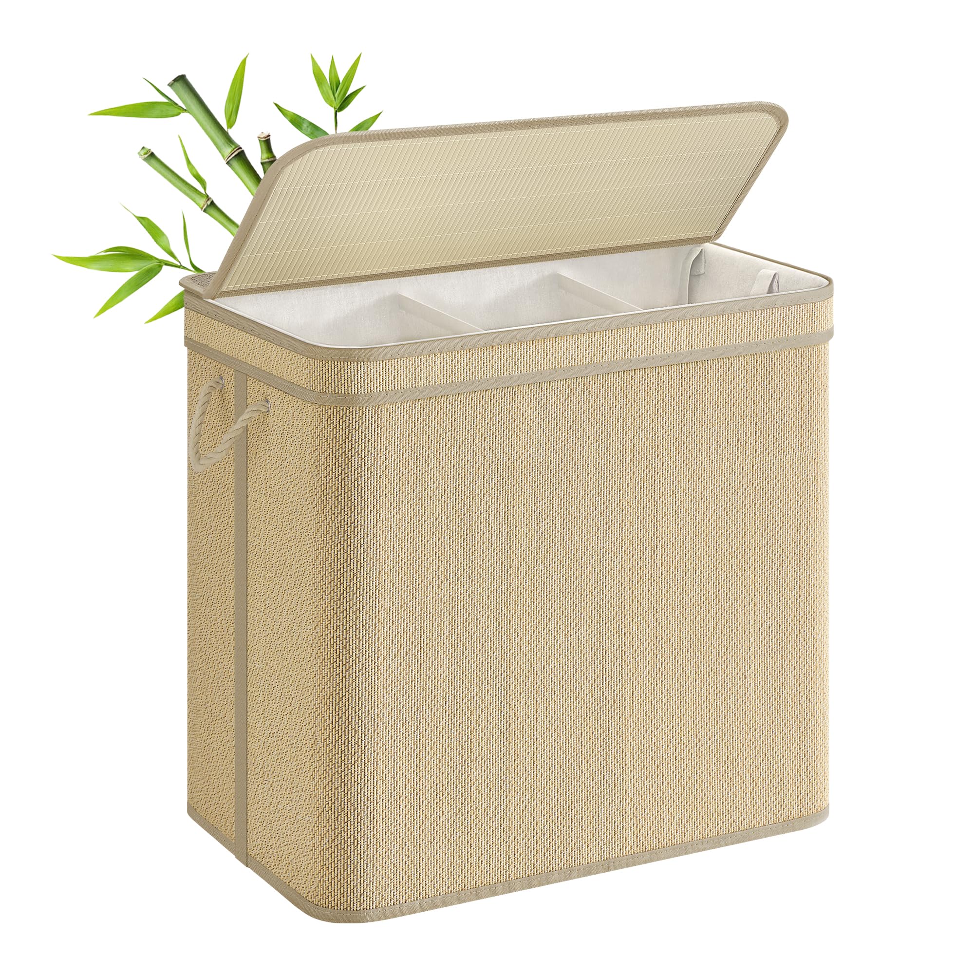 SONGMICS 3-Section Laundry Hamper With Lid, 44.9 Gal (170 L) Large Laundry Basket With 3 Removable Machine Washable Fabric Bag, Bamboo Clothes Hamper, Handles, for Bathroom, Natural Color ULCB069Y01