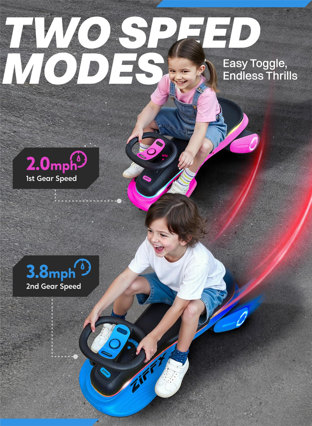 ZIFFY 45W 5.5A Light-Up Electric Wiggle Car with Pedal, Rechargeable Battery, 2-in-1 Swing Car, 2 Speed Ride-On Toy, Anti-Rollover, Flashing Wheels for Ages 3+ (Up to 110 lbs)